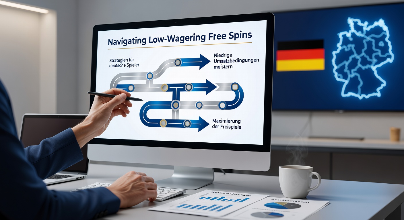 Bunte Grafik mit Symbolen für Freispiele und niedrige Umsatzbedingungen in einem Online-Casino